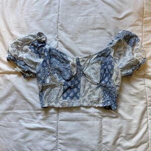 Hollister Blue Patchwork Puff-Sleeve Crop Top